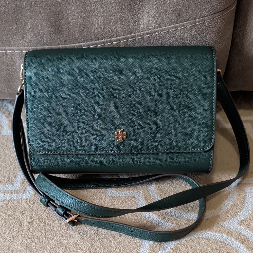Tory Burch Emerson Combo Crossbody Jitney Green EUC